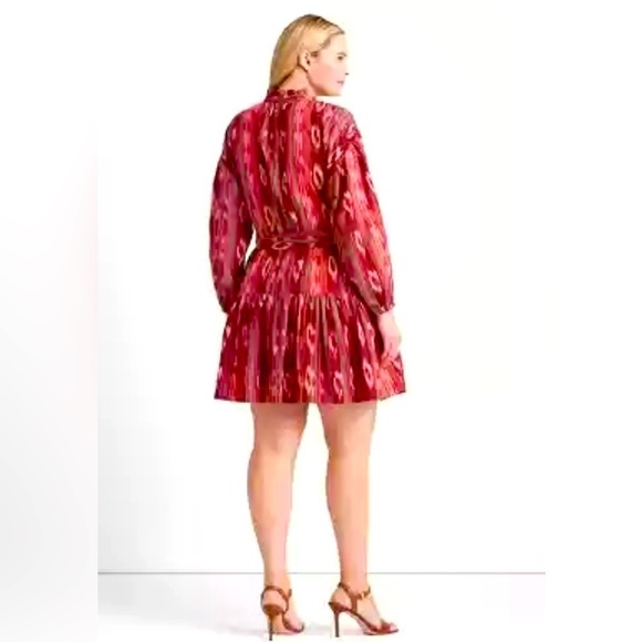 Lauren Ralph Lauren Ikat Print Tiered Ruffle Dress Boho Maxi Mini Red LongSleeve - Picture 7 of 7